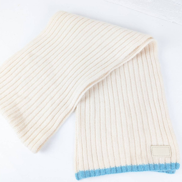 Coach Angora Cashmere Blend Scarf Ivory with Teal Trim 56" X 8" - Picture 1 of 6